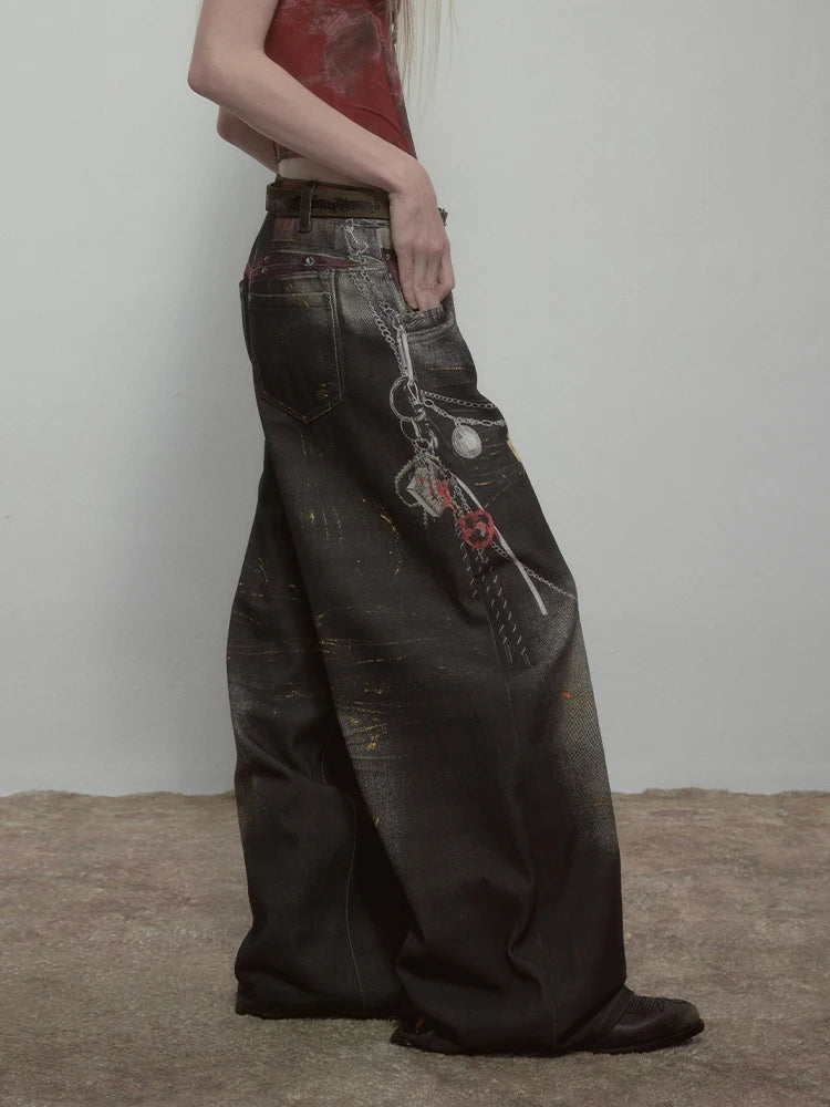 High Quality Hot Selling Wholesale 2025 New Virtual Digital Printed Retro Fashionable Personalized Wide Leg Jeans Pants Women