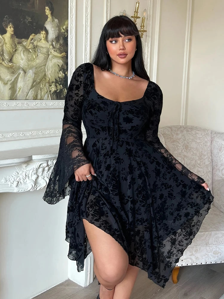 Hot seller Halloween Plus Size Ruffled Trumpet Sleeves Elastic Drawstring Women Short Skirt Gothic Floral Lace Square Neck Dress