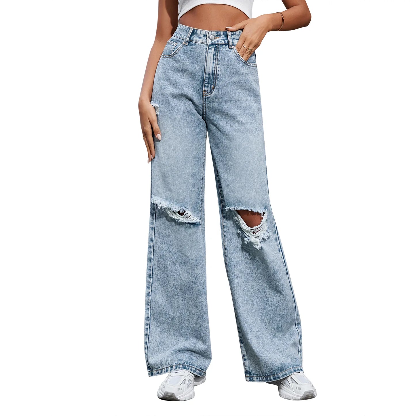 2025 Autumn New Women's Fashion Ripped High Waist Wide Leg Casual Jeans Boyfriend Jeans for Women