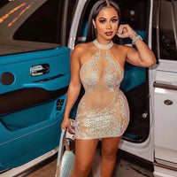 Women Party Club Night Mini Bodycon Dress Luxury Rhinestone Sparkly Birthday Skirt