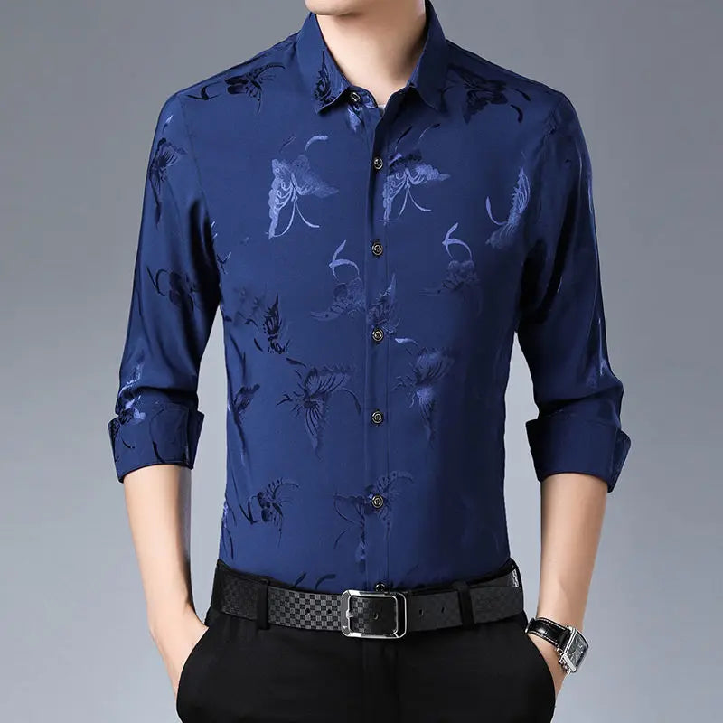 Streetwear Fashion Men Silk Smooth Shirt Spring Autumn New Male Clothes Business Casual Vintage Long Sleeve Basic Casual Tops