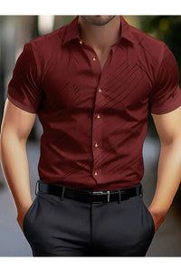 Men's Geometric Print Business Casual Short Sleeve Button-Up Shirt - White with Black Geometric Pattern Polyester 100%