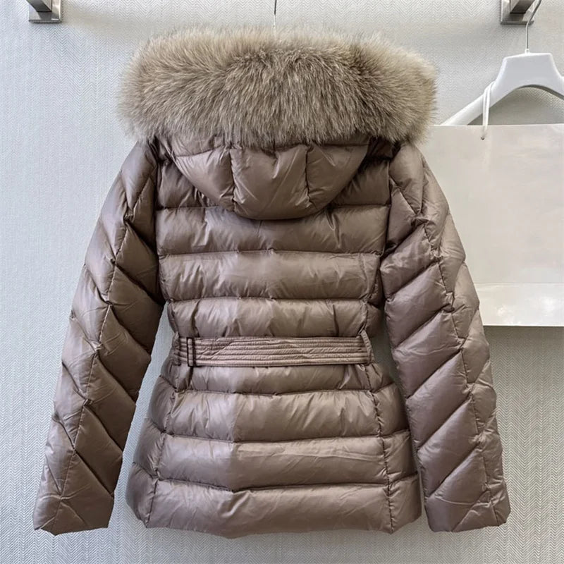 Women's winter down jacket 2023 New Korea Fashion Belt Slim Fit Hooded Feather Coat Natural Fox Fur Collar down coats Thick Coat