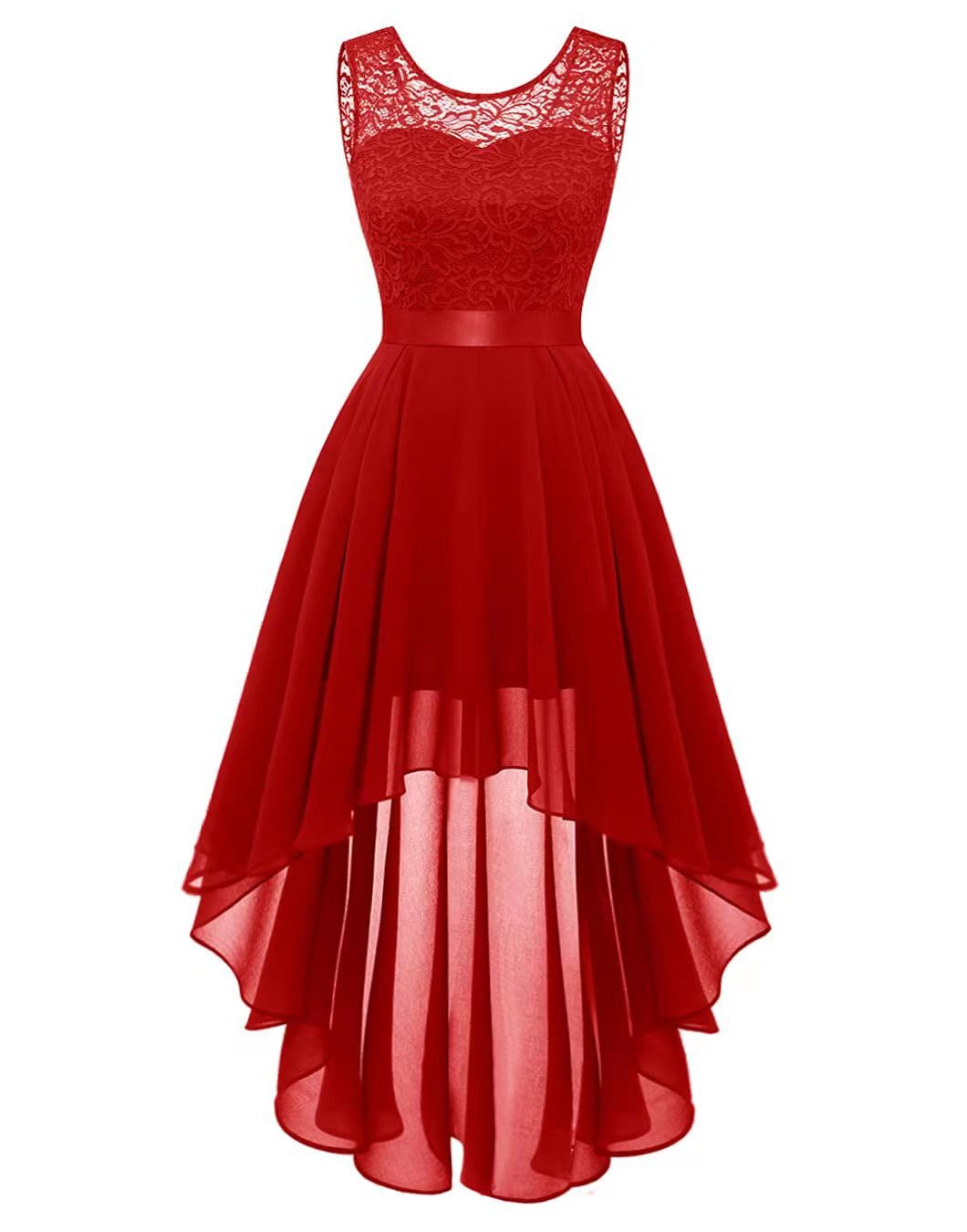o neck patchwork chiffon dress Women's Vintage O Neck Lace Patchwork Chiffon Swing High-Low Bridesmai Mega Mart Center