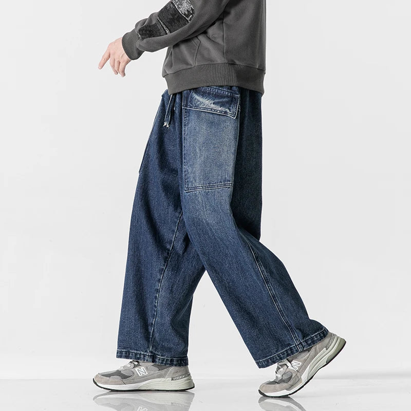 2023 Men Straight Denim Pants Men Blue Jeans Loose Trousers Male Causal Oversize Wide Leg Pants Elastic Waist Black Jeans