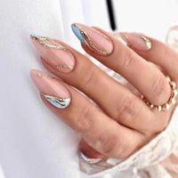 24pcs Short Almond False Nails French Ballerina Gold Line Fake Nail Full Cover Nail Tips