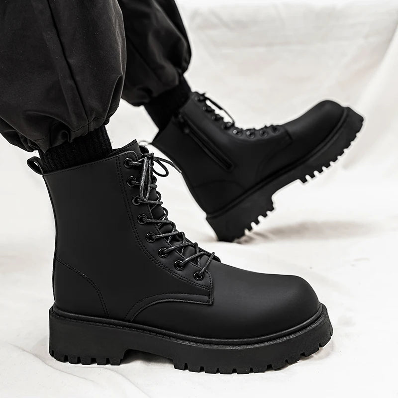 Men's High-top Boots, 2025 New Black British Windbreaker Workwear Boots, High-top Soft Leather Waterproof Casual Leather Boots