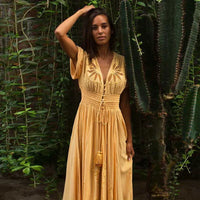 2023 Canwedance Boho Floor-length Dress V-neck Button Lace Up Yellow Maxi Dress Holiday Style Hollow Out Embroidery Dress