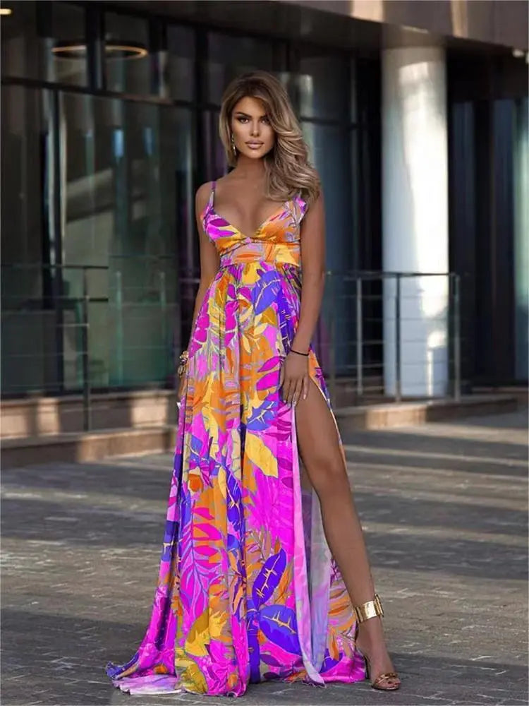 Printed Beach Cover Up Dress 2023 Women Deep V Neck Cover-ups Summer Beach Wear Sexy Elegant Female Summer Long Dress