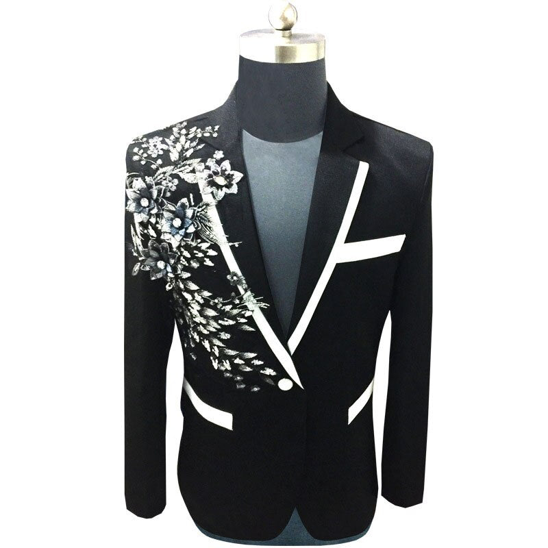 White Floral Sequin Embroidery Suit Jacket Men Wedding Groom Tuxedo Suit Blazers Mens One Button Peak Lapel Stage Costume Homme