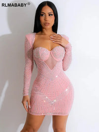 RLMABABY Sparkly Backless Diamond Sheer Mesh Mini Bodycon Dress Women Sexy Party Club Long Sleeve Package Hip Short Slim Dress