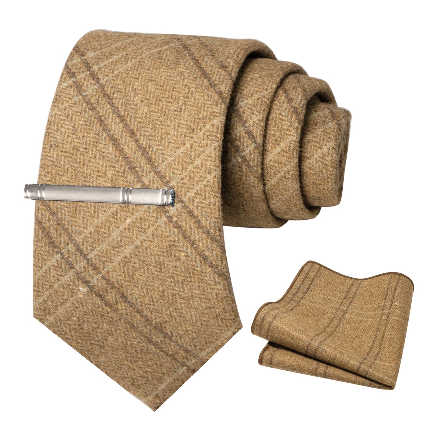 JEMYGINS Classic Wool Necktie For Men 8cm Brown Grey Men Striped Plaid Cashmere Tie Pocket Square Sets Wedding Accessory Gift