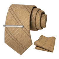 JEMYGINS Classic Wool Necktie For Men 8cm Brown Grey Men Striped Plaid Cashmere Tie Pocket Square Sets Wedding Accessory Gift