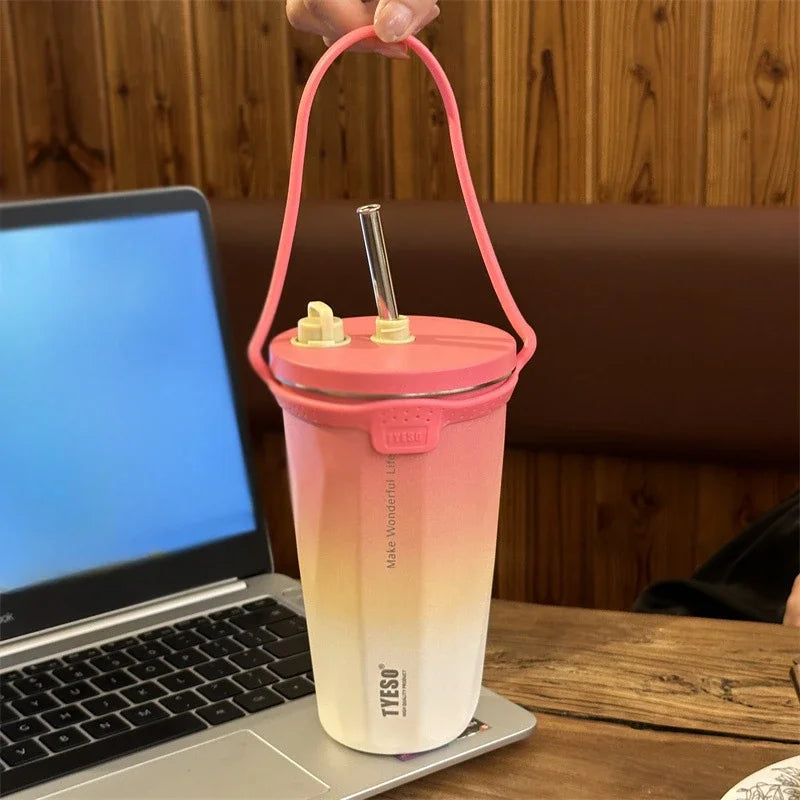 Stainless Steel Vacuum Insulated Coffee Mugs with Straw and Silicone Rope Portable Large Capacity Ice Bar Thermal Water Cup