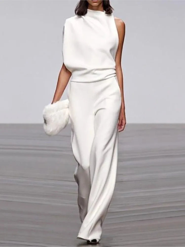 Spring And Summer Simple Solid Color Fashion One-shoulder Pile Collar Jumpsuit British Style Mid-waist Pleated Hollow Jumpsuit