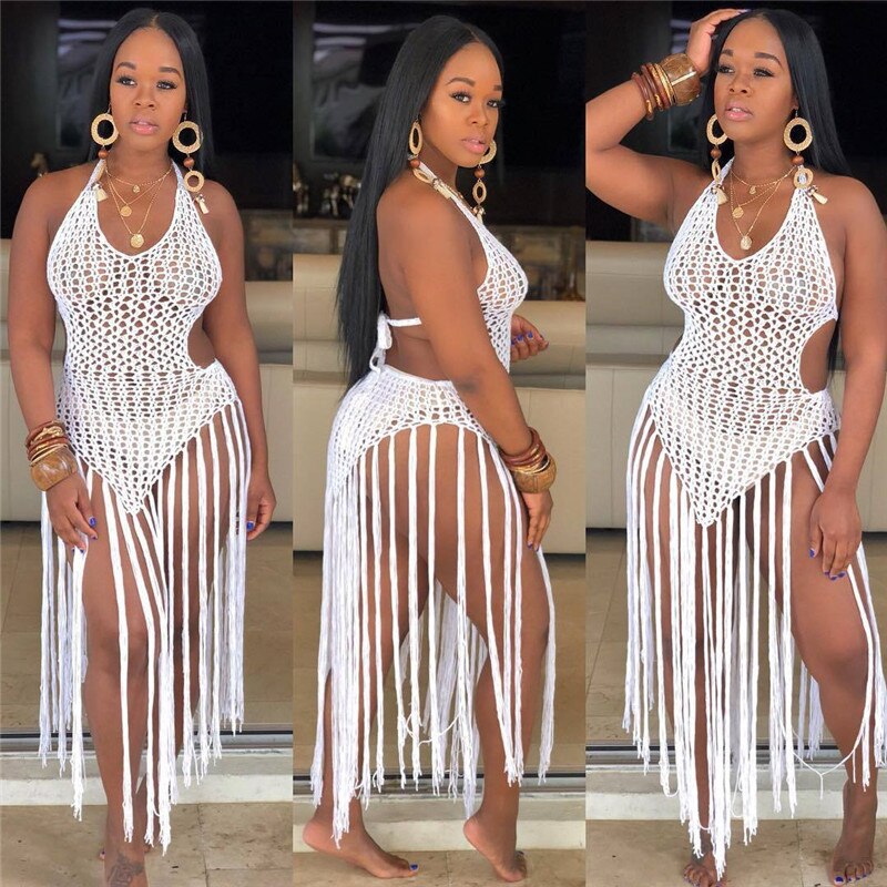 Summer Knitted Crochet Beach Dress Women White Fringe Tassel Dress Boho Beachwear Hollow Out Bodycon Backless Sexy Long Dress