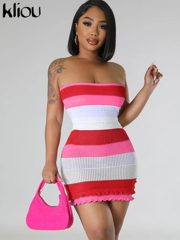 Kliou Panelled Striped Knitted Hollow Out Mini Dress Women Casual Wrapped Chest Sleeveless Bodycon Hot Girl Streetwear Outfit