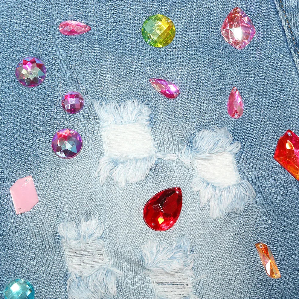 ANJAMANOR Colorful Crystal Denim Booty Shorts Sexy Summer Clothes for Women High Waisted Cute Ripped Jean Shorts D43-DI33