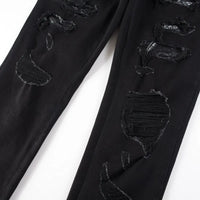 Men Snake Embroidery Jeans Skinny Tapered Stretch Denim Pants Streetwear Holes Ripped Leather Patch Patchwork Trousers Black