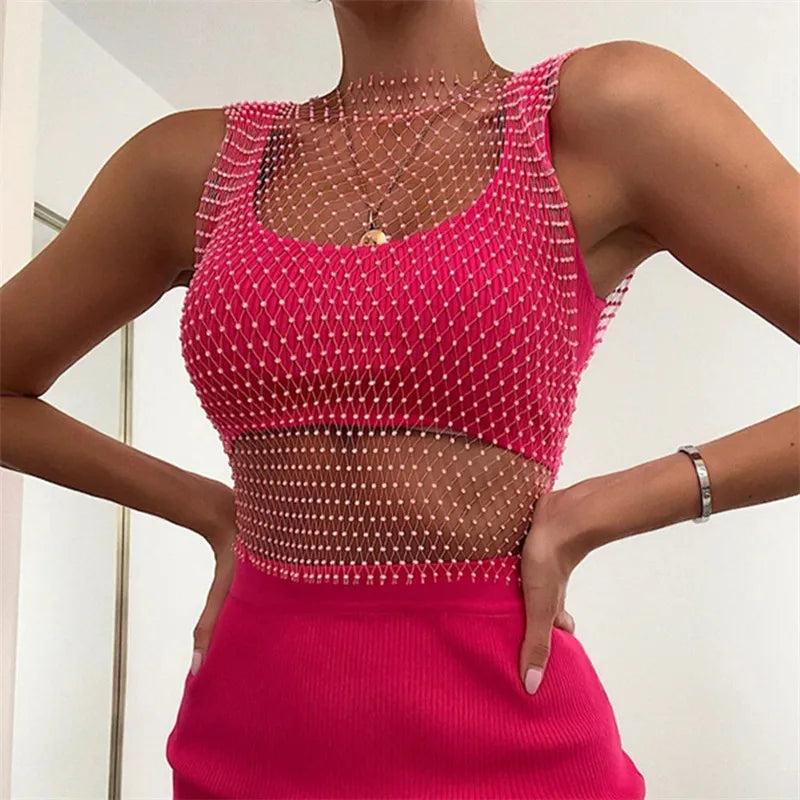 FestivalQueen Sexy Diamonds Mesh Cropped Tank Top Women Summer Cover Up Bikini See Through Rhinestone Net Party Club Crop Top