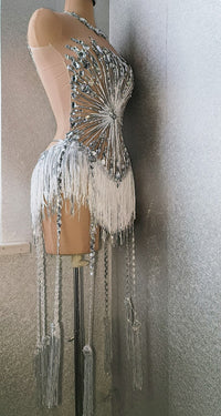 Sparkly Rhinestones Sequins Fringes Leotard  Women Sexy Mesh Rhinestone Dress Birthday Celebrate  Party Show Wear