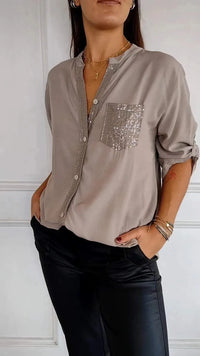 Women Pocket Sequined Blouse Shirts Summer Casual Female Button Lantern Sleeve Bling OL Workwear Blouse Tops 2025