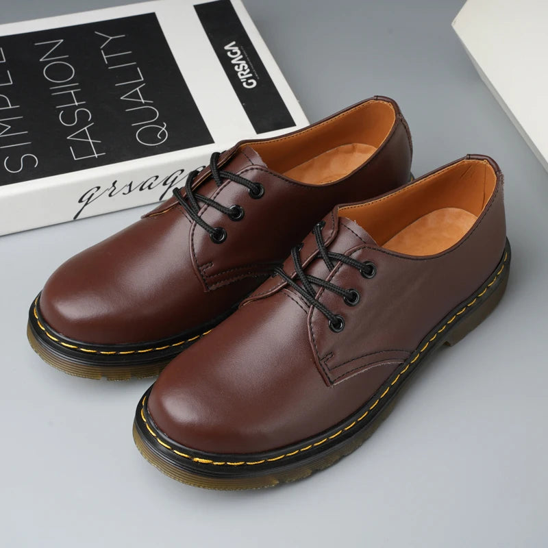 Leather  Boots ex Low Top 3 Hole Briti Sle round Toe Versatile Couple oes Casual Wear for Men And Women