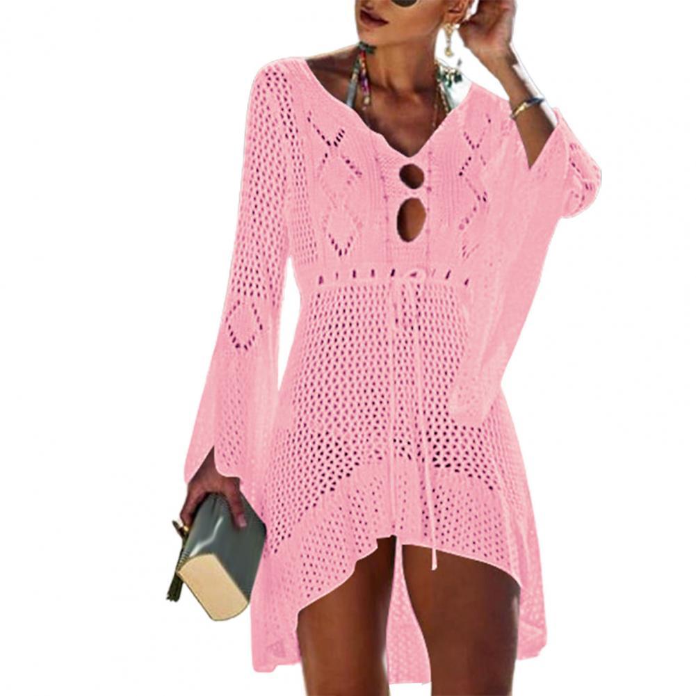 Sexy 2022 Beach Cover Up Crochet Knitted  Women Flared Sleeves Beach Dress