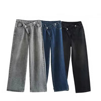 2025 Fashion Women Slanted Placket Blue Jeans Female Wide Leg Pants Long Pants High Street Ripped Jeans Versatile Retro