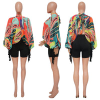 Women Fashion Printed Batwing Long Sleeve Front Split See Though Loose Sexy Party Club Blouse and Shirt Tops