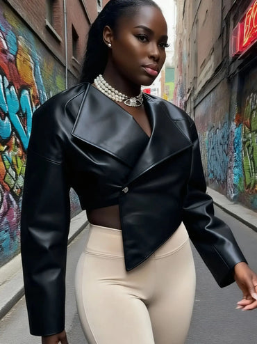 Sisterlinda Faux Leather Single Button Crop Jacket Women Autumn Trend Cross Neck Full Sleeve Wild Style Classic Streetwear Coat