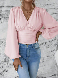 2024 Women's Spring Autumn New Fashionable Waist Collection Sexy V-neck Bag Sleeve Solid Color Wrinkled Long Sleeve Top