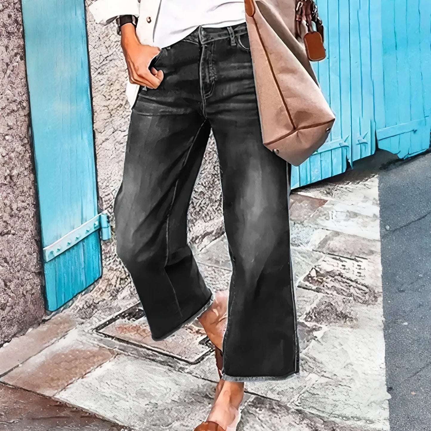 Wide-Leg Jeans For Women Washed Blue With Raw Edges Loose Fit Retro Trousers Lazy Style Trendy Trousers Daily Casual Wear