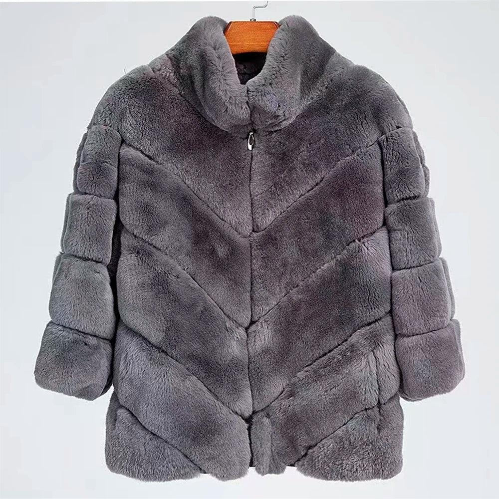 Furyoume Winter Real Rex Rabbit Fur Coat Women Short Fur Jacket Natural Chinchilla Fur Coats Fashion Streetwear Outerwear