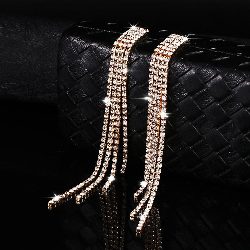 New Luxury Rhinestone Crystal Long Tassel Earrings for Women Bridal Drop Dangling Earrings Party Wedding Jewelry Gifts