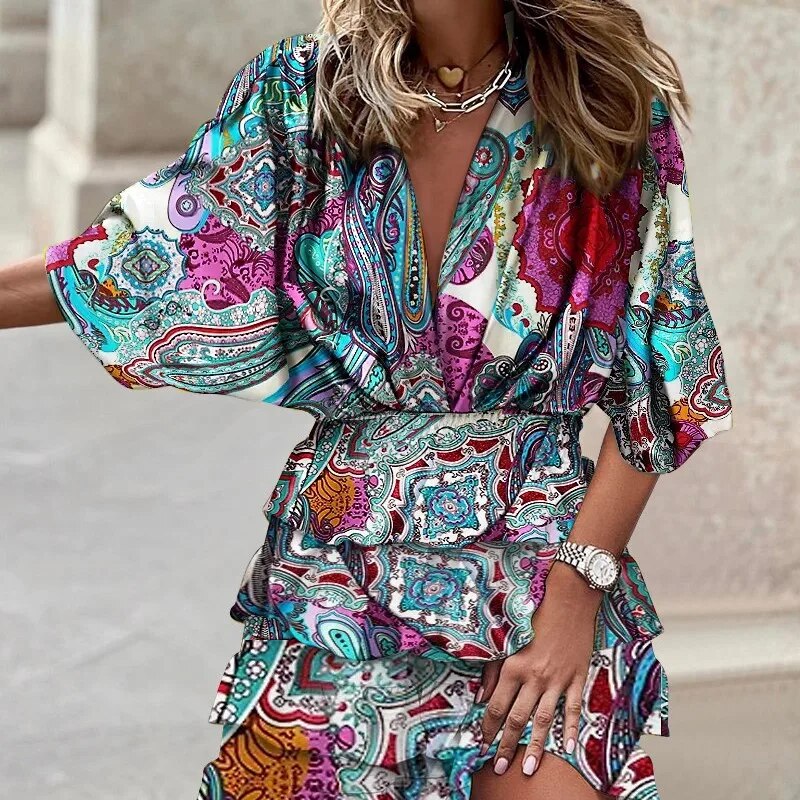 Summer Fashion V-neck Short-sleeved Printed Body Dress 2023 Women's Slim Cake Mini Dresses Beach High-waisted Elegant Vestido