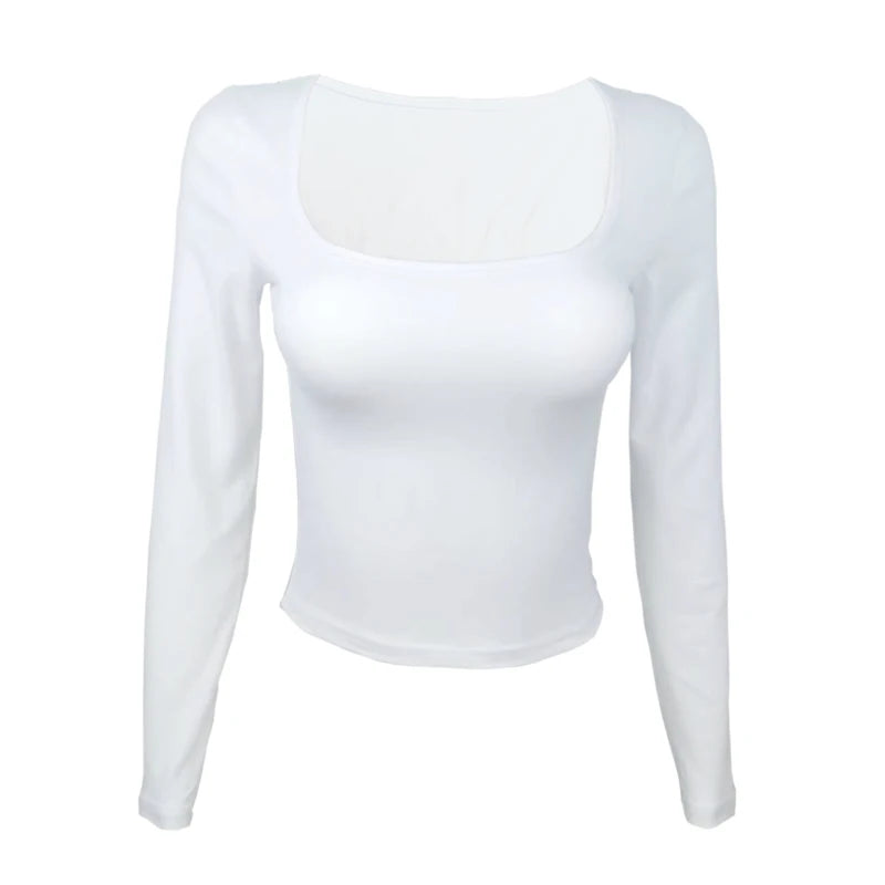 Long Sleeve T-shirt Slim Tops Sexy Woman Clothing Square-Cut Collar Close-fitting Tee Shirt Street Wear Fall 2025 New 2523