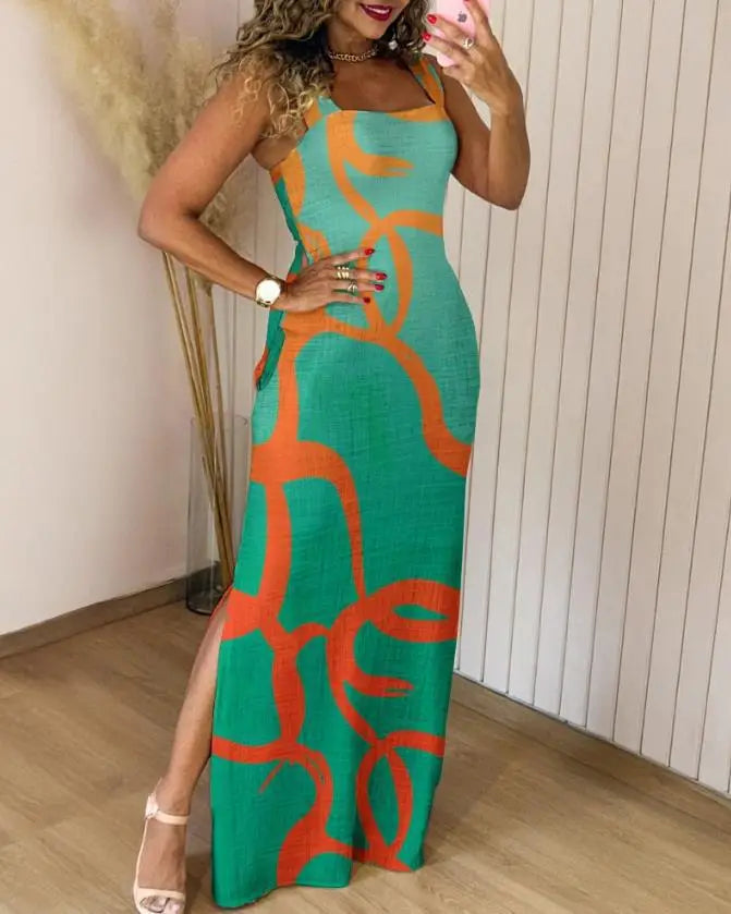 Boho Womens Summer Dress Retro Print Casual Slim Slit Square Neck Slee Mega Mart Center Boho Womens Summer Dress Retro Print Casual Slim Slit Square Neck Slee Mega Mart Center