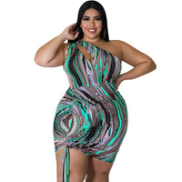 Multicolored Stripes Printing Dress Woman Sexy Hollow Out One Shoulder Sleeveless Drawstring Party Bodycon Dress Summer