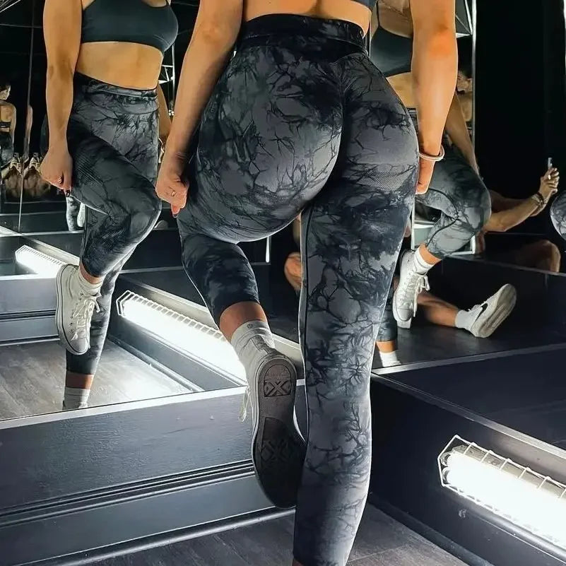 Women Gym Tie Dye Leggings Butt Lifting Fitness Yoga Athletic Scrunch Pants Elastic Workout Training Sports Tights