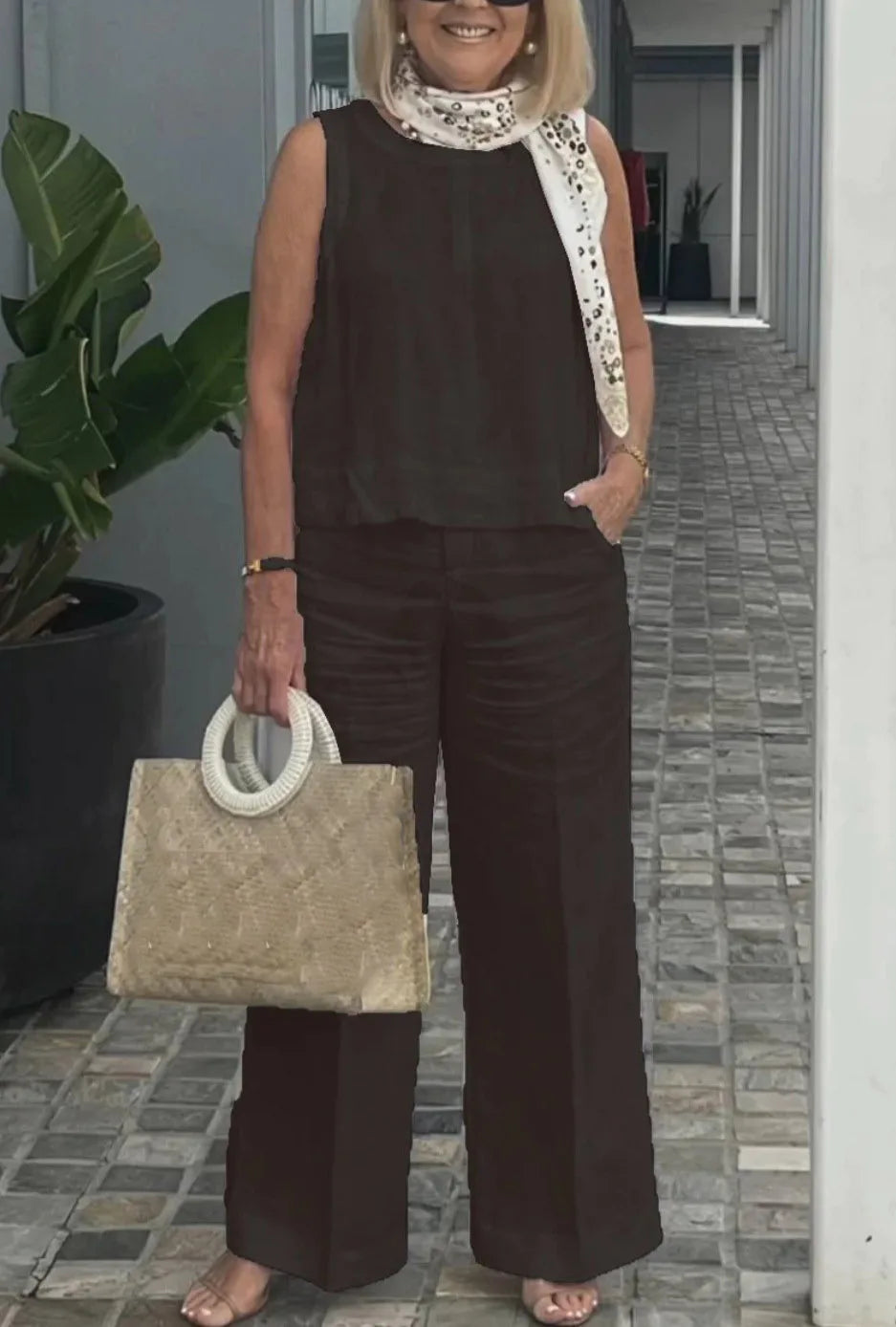 New Summer Women's Suit Sleeveless Top Wide Leg Trousers Two Piece Set Fashion Casual Solid Holiday 2 Piece Set Women Clothes