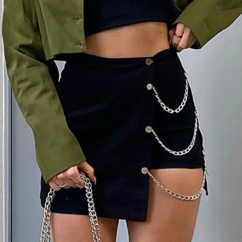 Gothic Skirt Irregular Chain Mini Skirt Woman Fashion Y2k Clothes Autumn Winter Streetwear Solid High Waist Black Skirt