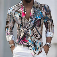 New men's artistic printed long-sleeved shirt, retro color-blocked design, casual shirt, versatile and stylish top for commuting
