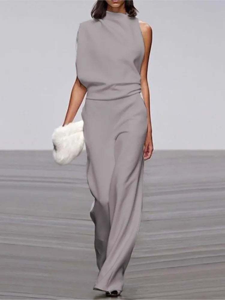 Spring And Summer Simple Solid Color Fashion One-shoulder Pile Collar Jumpsuit British Style Mid-waist Pleated Hollow Jumpsuit