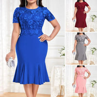 Office Lady Autumn Lace Splice Dress Women's Sexy O Neck Short Sleeve High Waist Fishtail Dress Elegant Party Dress Plus Size