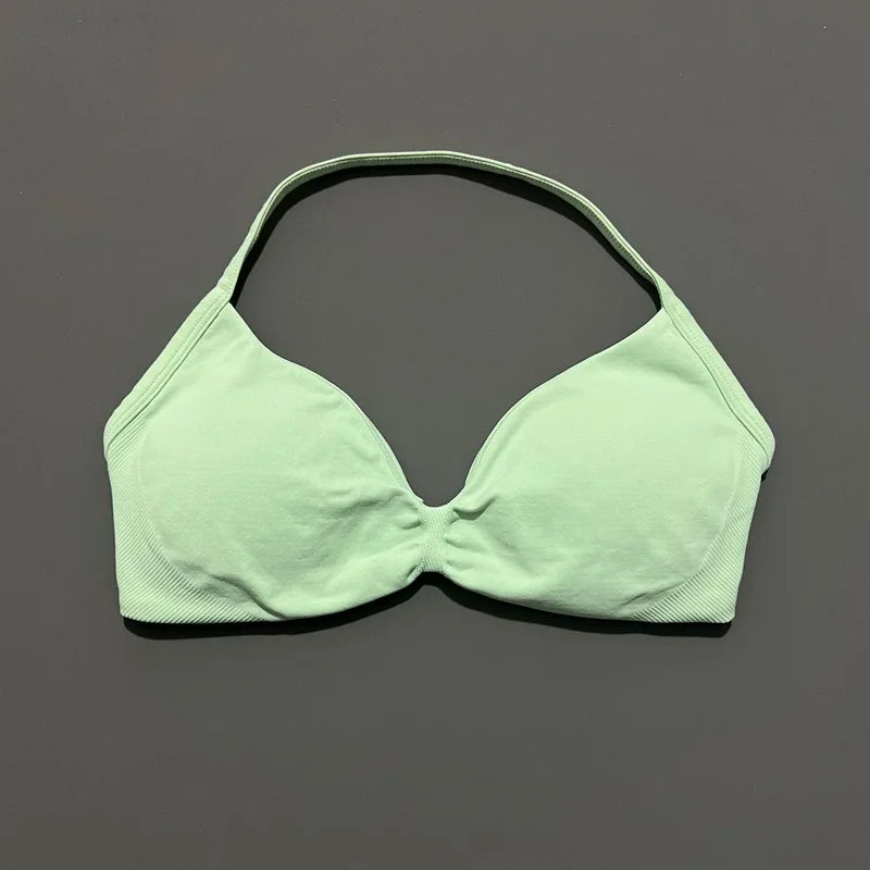 HISTELLO Strappy Bra Gym Top Women High Support Thin Strap Halter Sports Seamless Bras Scrunch Push-up Workout Yoga Tank Tops