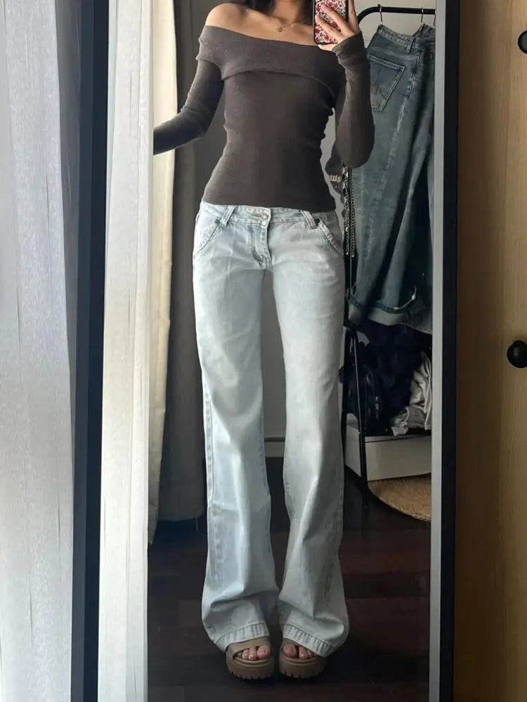 Streetwear Low Rise Flared Jeans  Vintage Slim-fitting Y2K Fashion Blue Denim Pants 2000s Casual Women's Jeans Harajuku