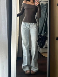 Streetwear Low Rise Flared Jeans  Vintage Slim-fitting Y2K Fashion Blue Denim Pants 2000s Casual Women's Jeans Harajuku