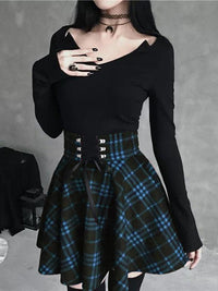 Sexy Black Checkered Women&#39;s Gothic Skirt Women Pleated Plaid Skirts