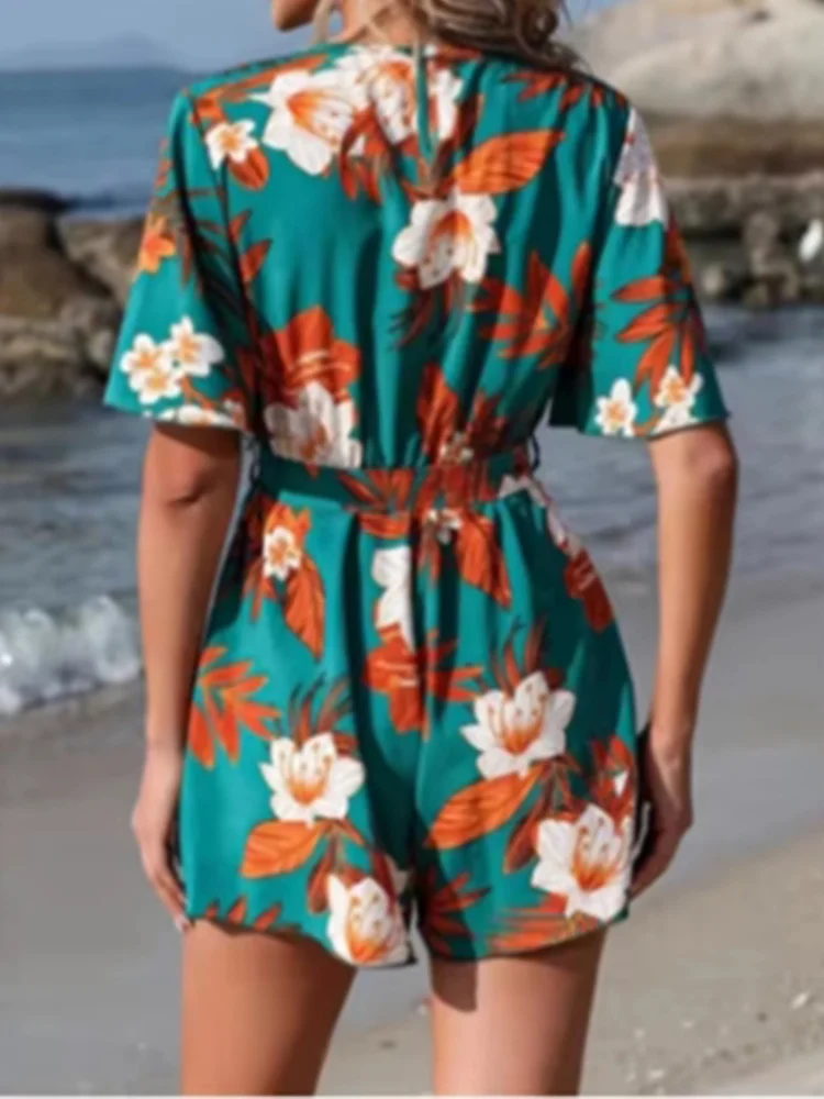Loose High Waisted Short Sleeve Jumpsuit V-neck Printed Women Jumpsuit Beach Vacation Comfortable Summer Clothes